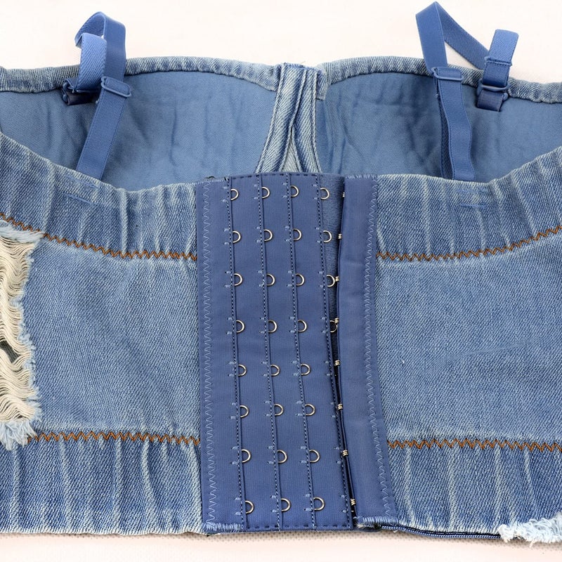 ELLACCI Women's Destructed Denim Bustier Crop Top Jeans Corset Top Large - Image 5